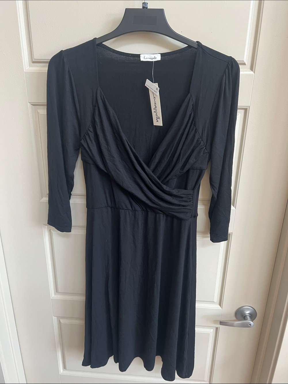 Loveappella Nordstrom Faux Wrap Mini Dress sz M Black 3/4 Sleeve LBD wedding
